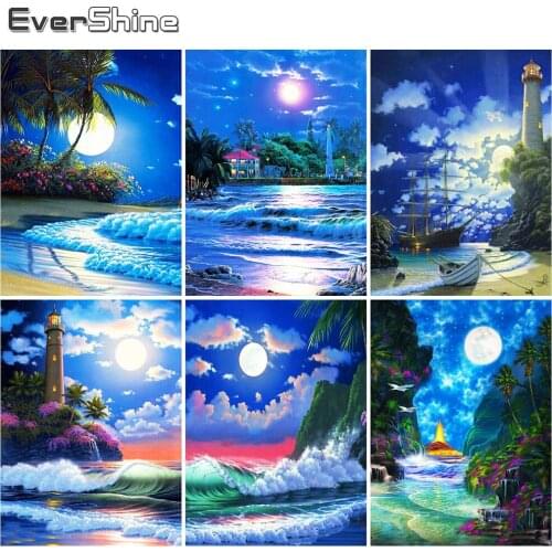 Evershine 5D Diamond Painting Night Landscape Cross Stitch Diamond Embroidery Seaside Rhinestones Picture Moon Handicraft Gift