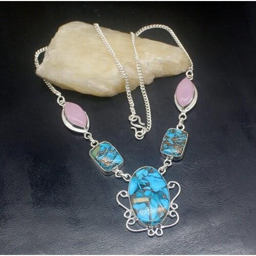 Gemstonefactory Jewelry Big Promotion 925 Silver Blue Sea Sediment Rose Quartz Ladies Women Chain Necklace 46cm 202101682
