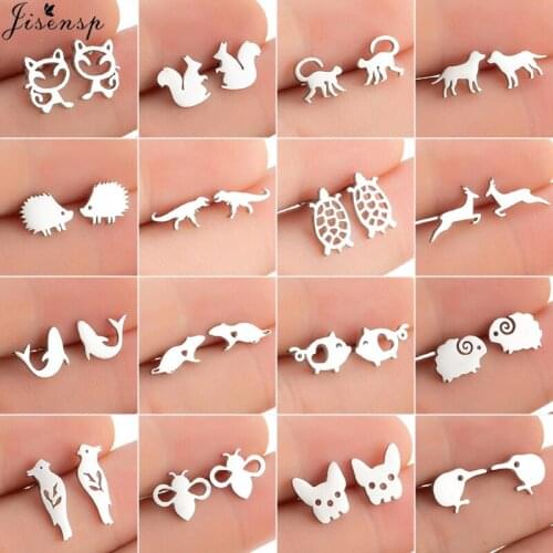 Korean Stainless Steel Animal Stud Earrings for Women Jewelry 2021 Minimalist Hedgehog Dog Cat Bee Dinosaur Deer Ear Studs Gifts