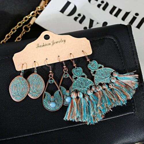 Summer Boho Vintage Gypsy Green Tassel Earrings Set Women Charm Ethnic Flower Alloy Dangle Earring Statement Jewelry