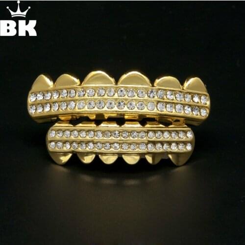 Micro Pave Teeth Grills Iced-Out Top & Bottom Gold Color Micro pave Mouth Grill Silver Color 2 Rows Teeth Grills Set