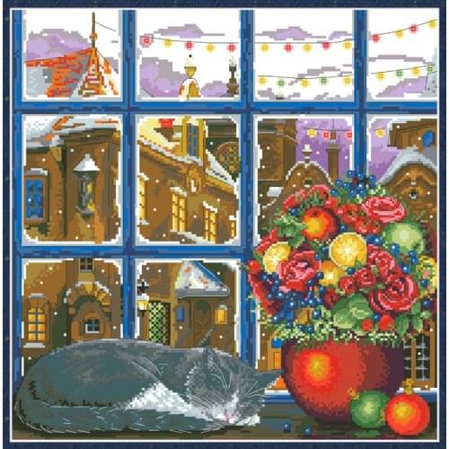 Cozy Winter Counted Cross Stitch Kits Cats Pattern Printed Canvas Embroidery Needlework 11CT 14CT DIY Craft Home Decor Paintings