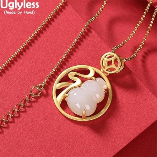 Uglyless Novel Gemstones Jade Chinese FU Eastern Beauty Gold Jewelry Sets for Women Hollow Grilles Earrings Necklaces 925 Silver