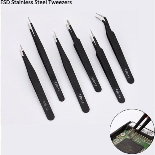 New 2/6Pcs Anti-static Precision Tweezers Set ESD Stainless Steel Tweezers Maintenance Tools Industrial Curved Straight Tweezers