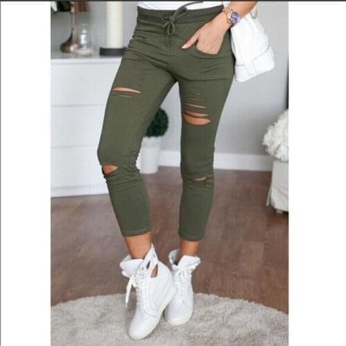 New Solid Color Leggings Ripped Decor High Waist Ankle-Length Leggings Slim Pencil Skinny Leggings For Ladies