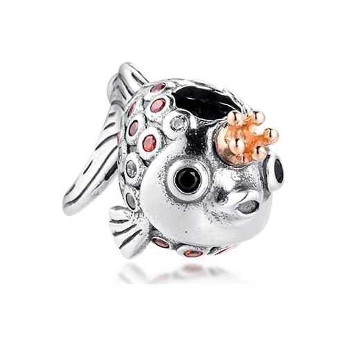 Fits for Pandora Charms Bracelets Gold Fish Beads with 14K Real Crown 100% 925 Sterling Silver Jewelry Free Shipping
