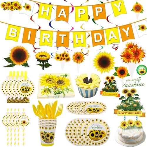 Sunflower Theme Party Supplies Paper Cup Plate Tableware Straw Tablecloth Baby Shower Decoration Birthday Party Balloons