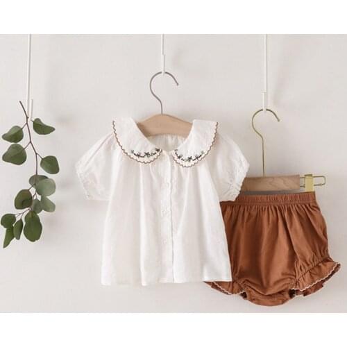 Vintage Embroidery Petal Collar Shirt for Girls Clothes Summer Short Sleeve Pants Suit Children Outfits Toddler Suit