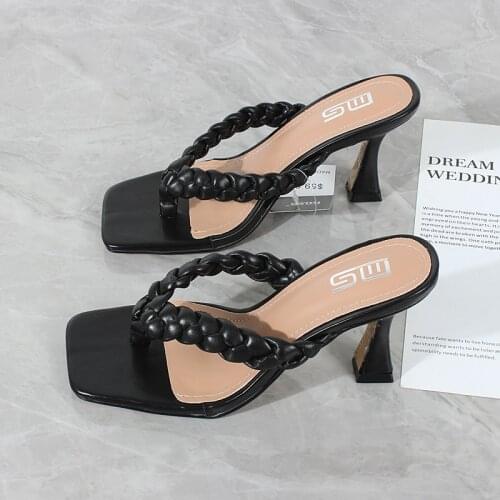 Fashion high-heeled sandals women 2021 summer new woven flip flops comfortable and large size sandals 7.5cm
