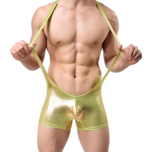 Sexy Mens Patent Leather Bodysuit Strecth One Piece Sexy Gay Underwear Jockstrap Wrestling Singlets Jumpsuit Tight Catsuit