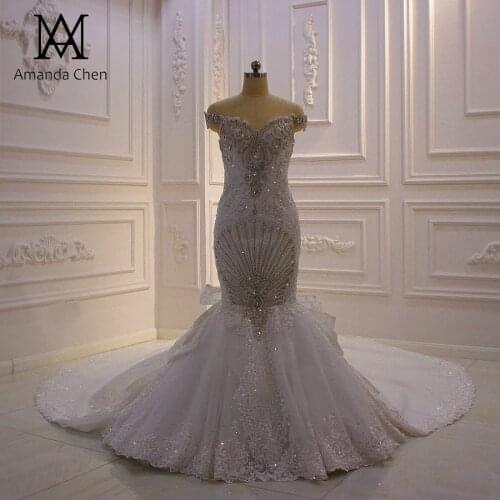 Robe de mariage Off Shoulder Lace Appliqued Crystal Mermaid Detachable Train Wedding Dress