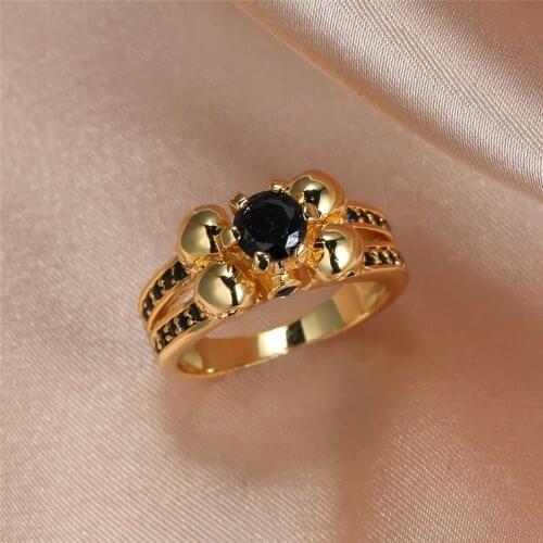 Hip Hop Punk Skull Ring Vintage Black Stone Rings For Women Men Fashion Jewelry Luxury Yellow Gold Black Crystal Zircon Ring