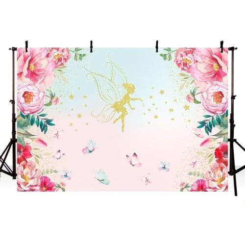 MEHOFOTO Pink Purple Flowers Photography Backdrop Custom Text Fairy Butterfly Girls Birthday Party Backgrounds Photo Both Vinyl