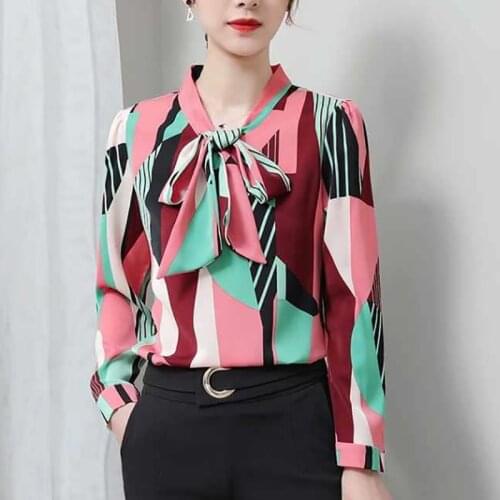 Women Spring Summer Style Chiffon Blouses Shirts Lady Casual Long Sleeve Bow Tie Collar Plaid Printed Chiffon Blusas Tops ZZ0379