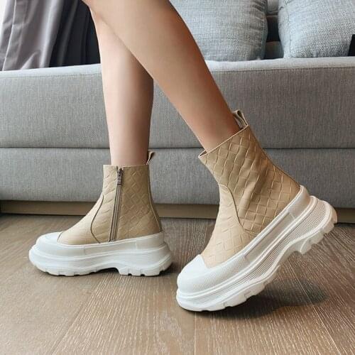 MORDOAN Genuine Cow Leather Lady Boots Mid-heel Womens Shoes Retro British Style Zipper Platform Ankle Boots Women