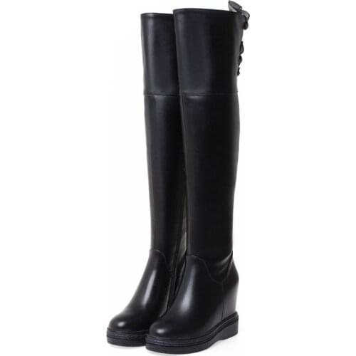 Thigh High Fashion Sneakers Women Genuine Leather Wedges High Heel Over The Knee High Boots Female Round Toe Platform Pumps Shoe