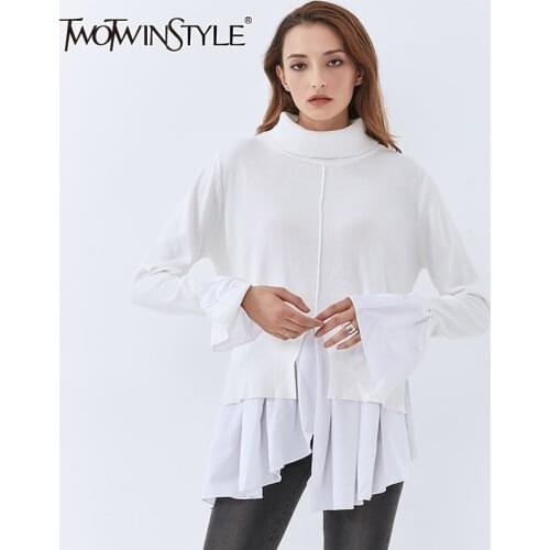 TWOTWINSTYLE Patchwork Casual Sweater For Women Turtleneck Flare Sleeve Side Split White Knitted Pullover Female 2020 Fall New