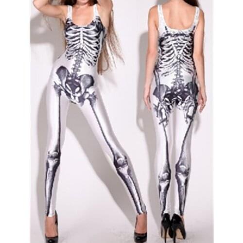 Womens Sexy Skeleton Printed Catsuit Faux Leather Catsuit Pattern Jumpsuit Costumes