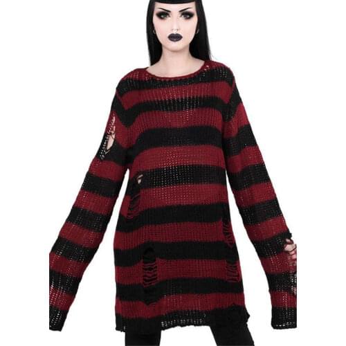 2021 Punk Gothic Long Unisex Sweater Summer Women Striped Cool Hollow Out Hole Broken Jumper Loose Rock Thin Dark Streetwear Top
