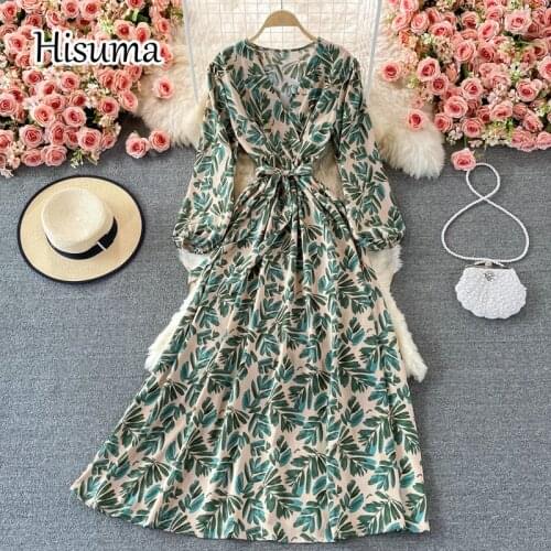 2021 autumn new womens v-neck lantern sleeve print chiffon party dress female Chic elegant lace-up waist A-line dresses