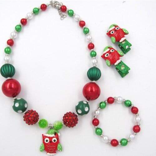 2019 New Model Christmas Owl Charm Toddler Girls Chunky Beaded bubblegum Necklace Bracelet Hairpin jewelry set Gift To Children