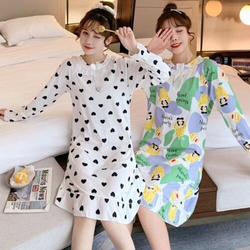2020 Autumn Sweet Princess Long Sleeve Print Nightgown for Women Cute Lace Bow Sleepwear Night Gown Home Dress Nightdress Nighty