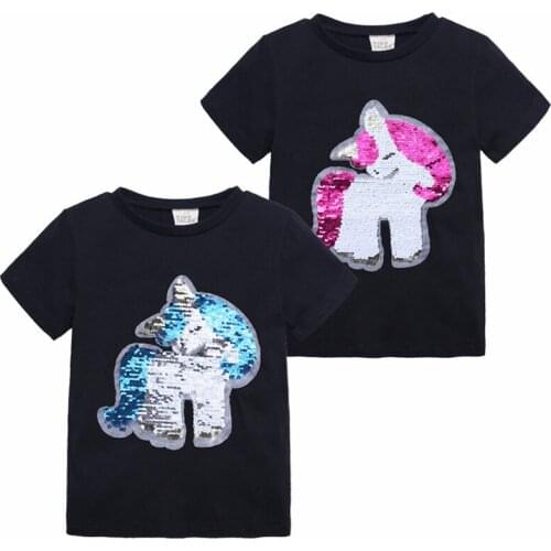 2020 Girls T-Shirts Children Magic Sequin Reversible Cotton Casual Summer Clothing Fashion Solid T Shirt Kids Unicorn Tops Tee