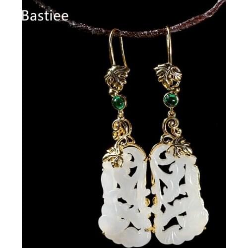 Bastiee Earrings For Women Vintage Silver 925 Jewelry Korean Earrings Jade Dangle Earrings Silver Earrings Golden Plated