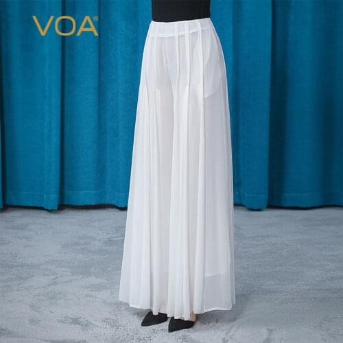 VOA silk georgette tea white trousers KE337 yuck pleat double thin elegant natural waist refreshing simple joker pants for women