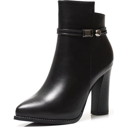 New Women Classic High Heel Pointed Toe Ankle Boots Fashion Zipper Dress Boots Short Plush Winter Black Genuine Leather Shoes