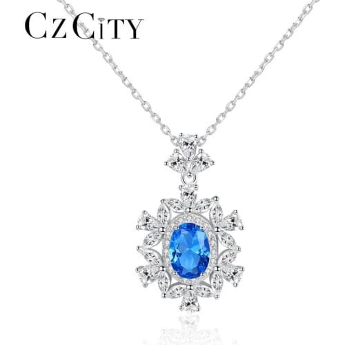 CZCITY Gorgeous Big Sapphire Flower Pendant Necklace for Women 925 Sterling Silver Charming Topaz Necklace Wedding Fine Jewelry