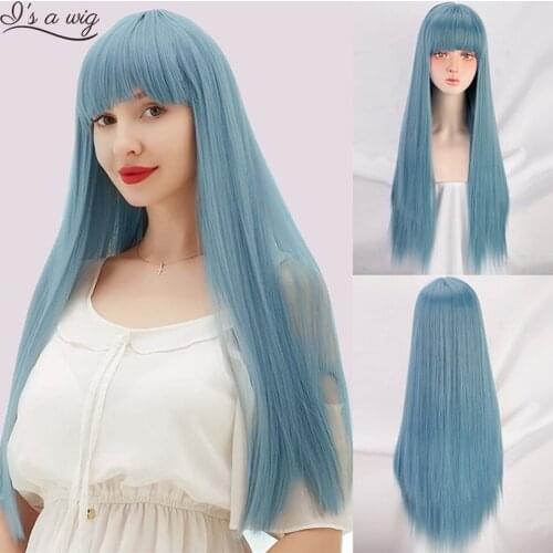 Is a wig Long Straight Cosplay Wigs Synthetic Wigs with Bangs 28 Inch Heat-Resistant Blue Blonde Hairs for Women