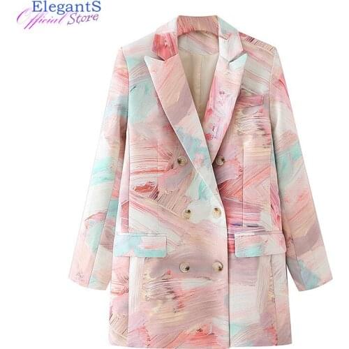 Long Graffiti Blazer Jacket for Women Fashion Outwear Autumn Winter Office Lady Work Wear Notched Double Breasted Coat Female
