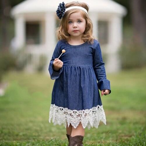 Girls Princess Long Sleeve Denim Lace Evening Dress Children Casual Party Baby Clothes Kids Vestido