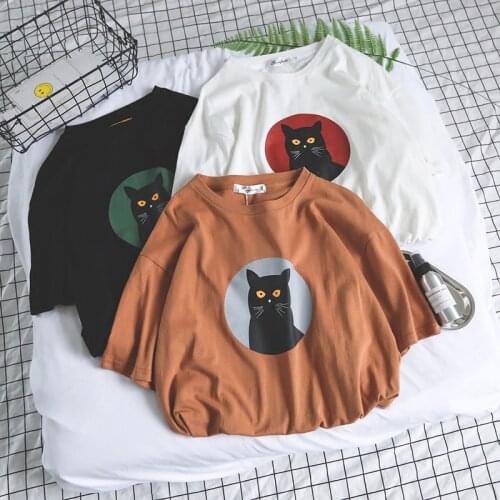 Japanese Harajuku Cat Cartoon Cotton Cute female T-shirt summer fashion bf couple large size casual women short-sleeved T-shirt
