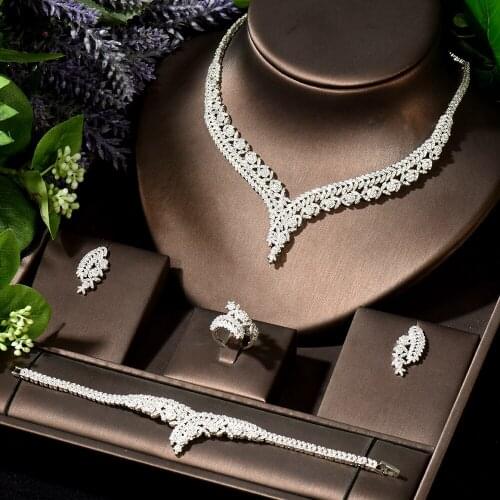 HIBRIDE Fashion Leaf Shape Cubic Necklace Earrings Set Woman Bridal Wedding Jewelry Party Gifts Accessoire Bijoux Femme N-1917