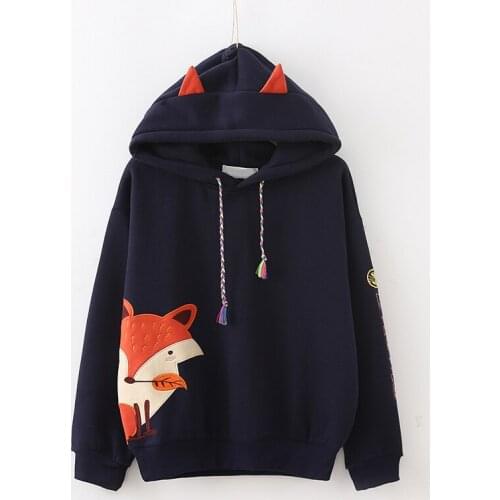 Fox Hoody Hoodies With Ears Harajuku Pullovers Women Sweatshirts Mori Girl Kawaii Clothes Cartoon Lolita Coat Spring Fox Hoodies