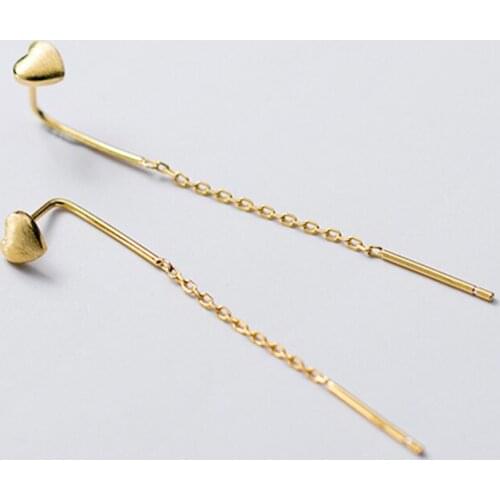 Exquisite Wire Drawing Love Heart S925 Sterling Silver Long Chain Earrings Gold Color Plated Ear Fine Jewelry