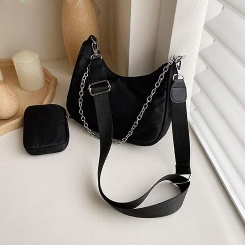 2pcs Set Nylon Shoulder Bag Women Solid Color Handbags Mini Travel Crossbody Tote Waterproof Design Casual Ladies Clutch Purse