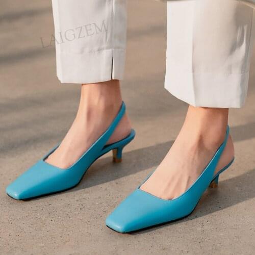 LAIGZEM Women Pumps Real Leather Slingbacks 4CM Kitten Heels Sandals Ladies Female Spring Summer Dress Shoes Woman Size 33 38 40