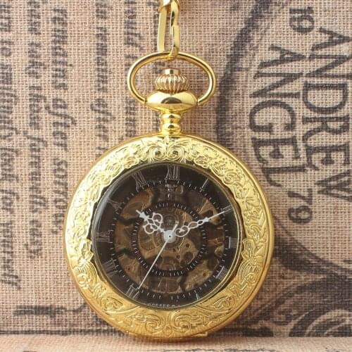 10pcs/lot Fashion Golden Skeleton Roman Dial Alloy Case Analog Hand Wind Steampunk Transparent Glass Mechanical Pocket Watch