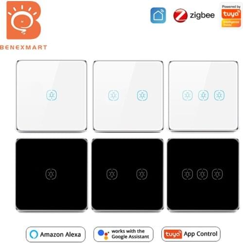 Tuya Zigbee Light Relay Switch Neutral Required with Aluminum Frame Glass Touch Switch EU 1 2 3 Gangs Alexa Echo Google Home