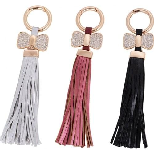 Novel Leather Tassel Bow Crystal PU Keychain Car Key Chain Bag Pendant Accessories Trinket Keyring Women Men Gift Simple Jewelry
