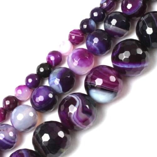 Gem-inside 6mm-10mm Natural Round Faceted Banded Purple Sardonyx Agates Beads For Jewelry Making 15inches DIY Jewellery