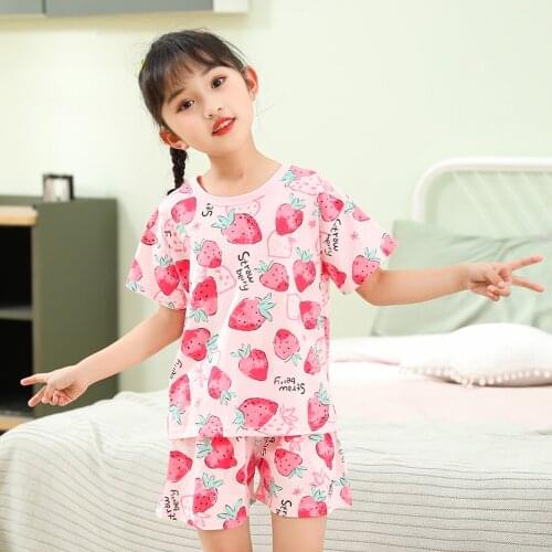 2 4 8 10 Years Baby Girl Pajamas Summer Cotton Sleepwear Suits Pink Strawberry Print Pijamas Kids Children Pyjamas Girl Clothing