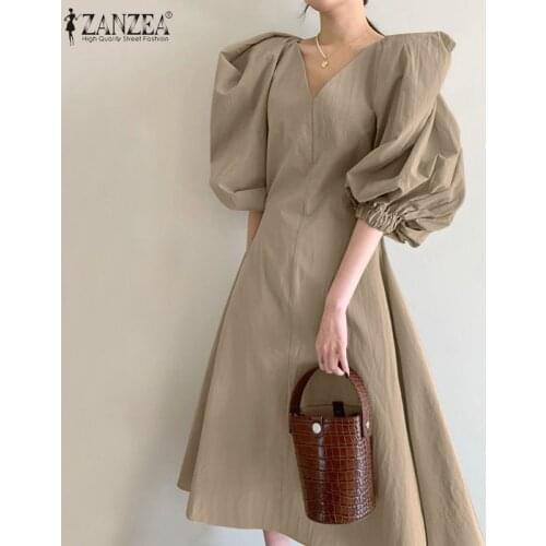 Stylish V neck Dress Womens Summer Sundress 2021 ZANZEA Casual Puff Sleeve Mid-calf Vestido Female Solid Holiday Robe