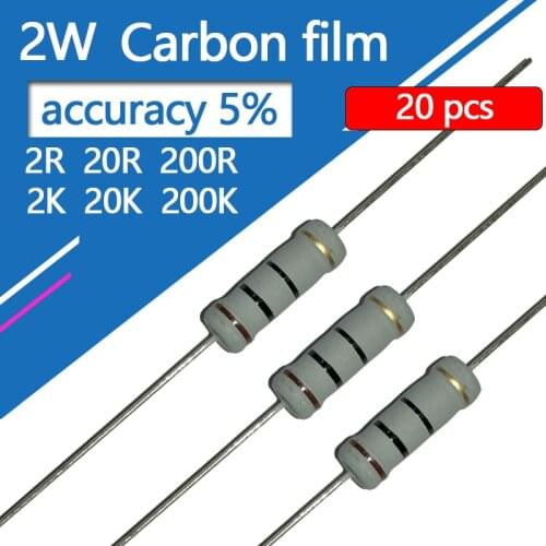20pcs/lot 2W Carbon film resistor Four color circle 0.2R 2R 20R 200R 2K 20K 200K Ohm 5% 2W resistance