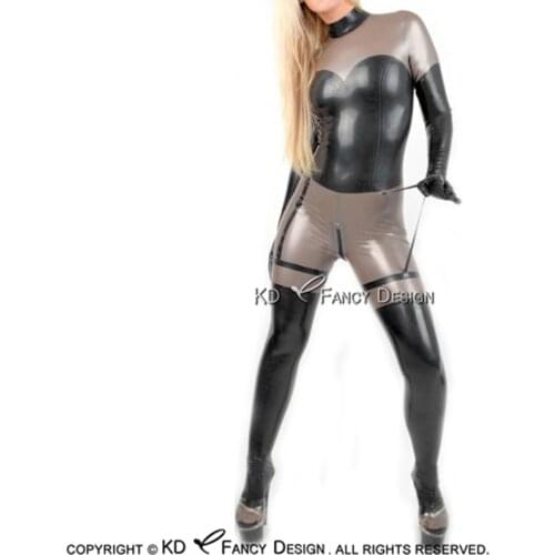 Black With Metallic Silver Sexy Latex Catsuit With Feet Gloves Back to Crotch Zipper Rubber Bodysuit Zentai Overall LTY-0062