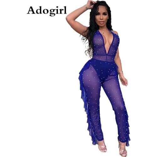 Sexy Sheer Mesh Jumpsuit Beading Women Ruffles Jumpsuit Deep V-neck Backless Transparent Playsuit Night Club Wear Outfits
