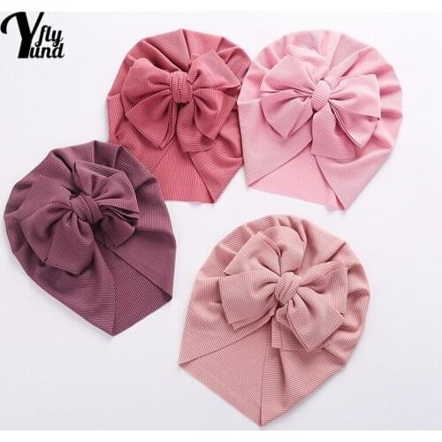 Yundfly Solid Color Knitting Striped Baby Girls Turban Hat Cute Handmade Bowknot Newborn Caps Soft Comfortable Infant Headwear